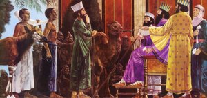 تكريمًا للملك الفارسي ، داريوس الأول ، جالسًا على عرشه بواسطة مدرسة اللغة الإنجليزية